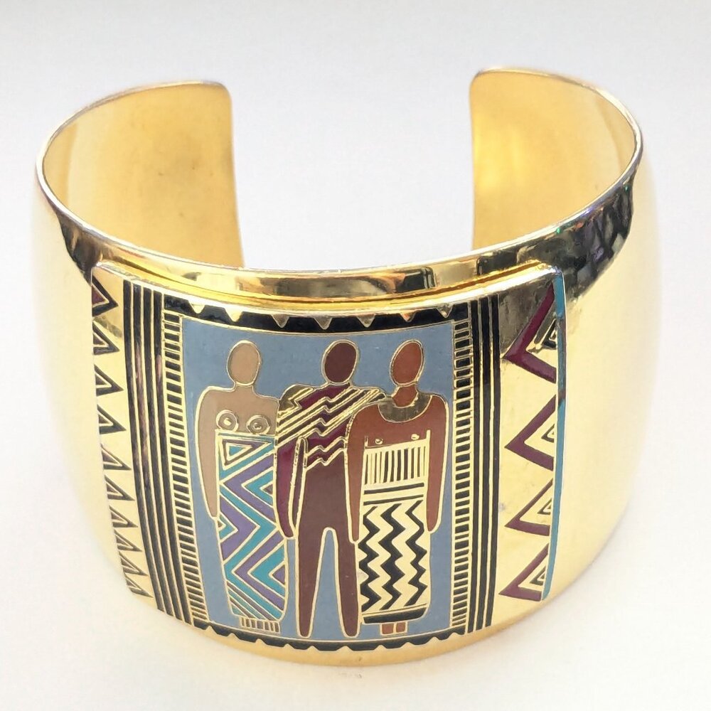 Vintage LAUREL BURCH "Tribal People" Gold Tone Wide Cuff Bracelet